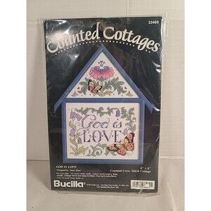 Bucilla Counted Cottages #33469 GOD IS LOVE Butterfly Cross Stitch Kit And Frame